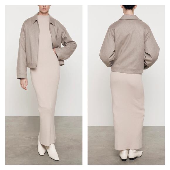 ENZA COSTA Wool Suiting Bomber Jacket Womens Small Tan Zip Collared Padded NEW - Picture 1 of 14